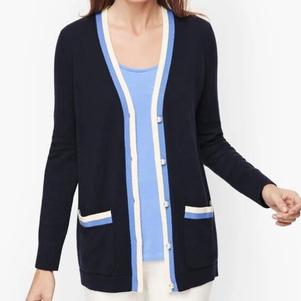 Talbots Women's Super Soft Tipped Cardigan Size XLP Navy Blue White Button Front